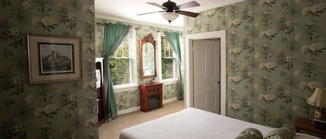 Deluxe Room Queen Bed Fireplace & Private Shower | Iron/ironing board, free WiFi, bed sheets