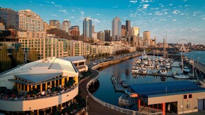 A waterfront cityscape with a marina, high-rise buildings, and a Ferris wheel.