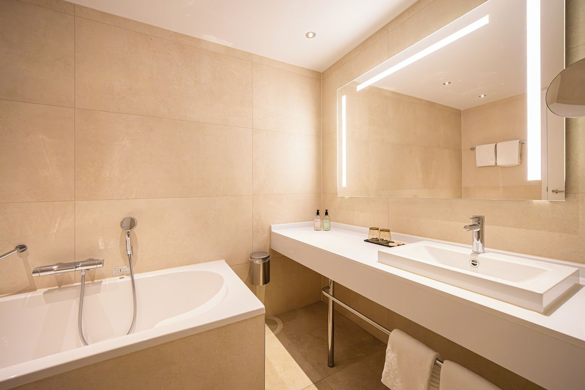 deluxe double room | bathroom | free toiletries, hair dryer, towels, soap