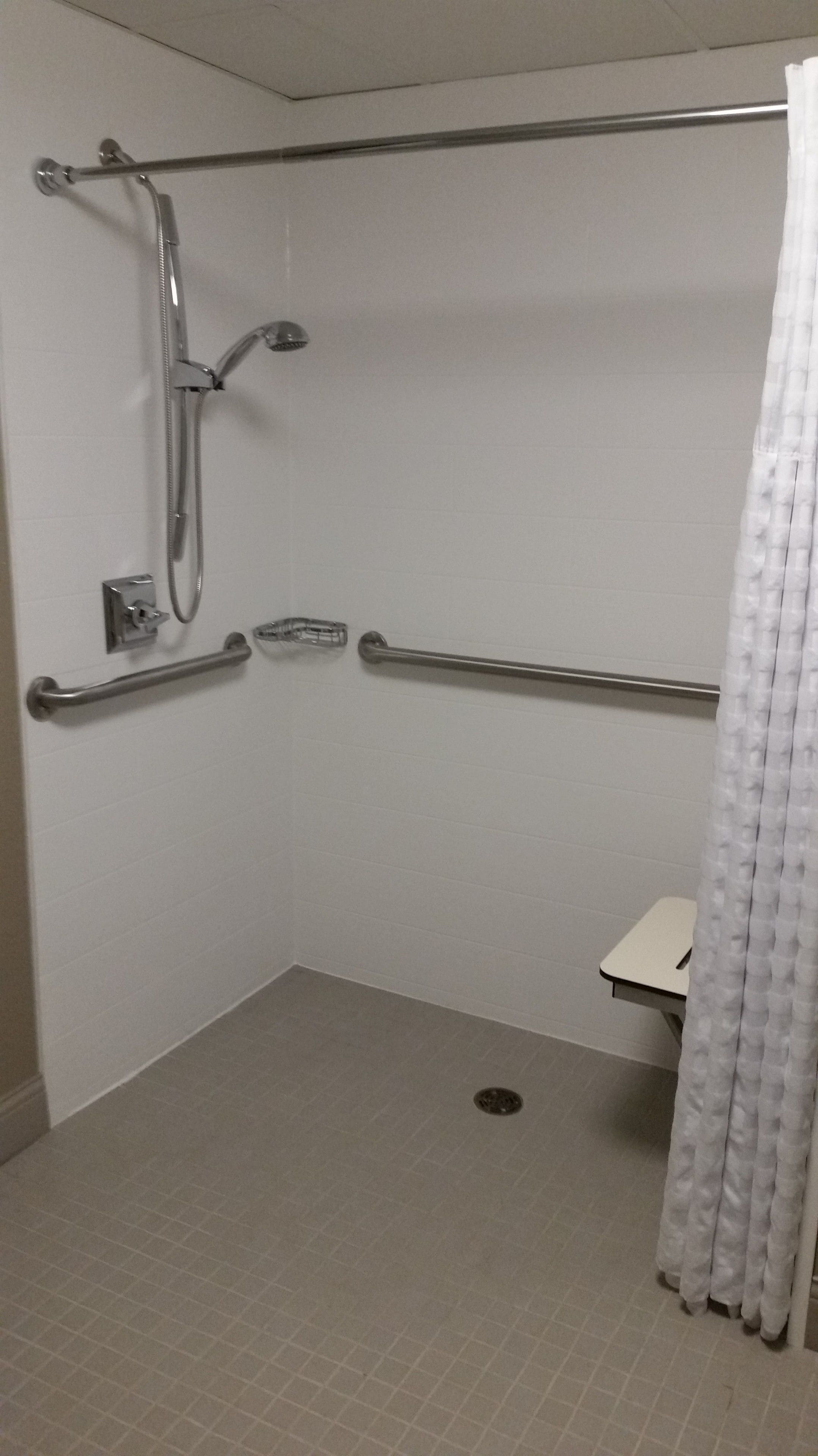 A wheelchair-accessible shower area with grab bars, a handheld showerhead, and a white curtain.