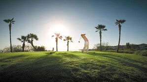 A golf course with a clear sky, palm trees, and a person in a golf outfit preparing to swing. - Wanna Wanna Inn (South Padre Island)