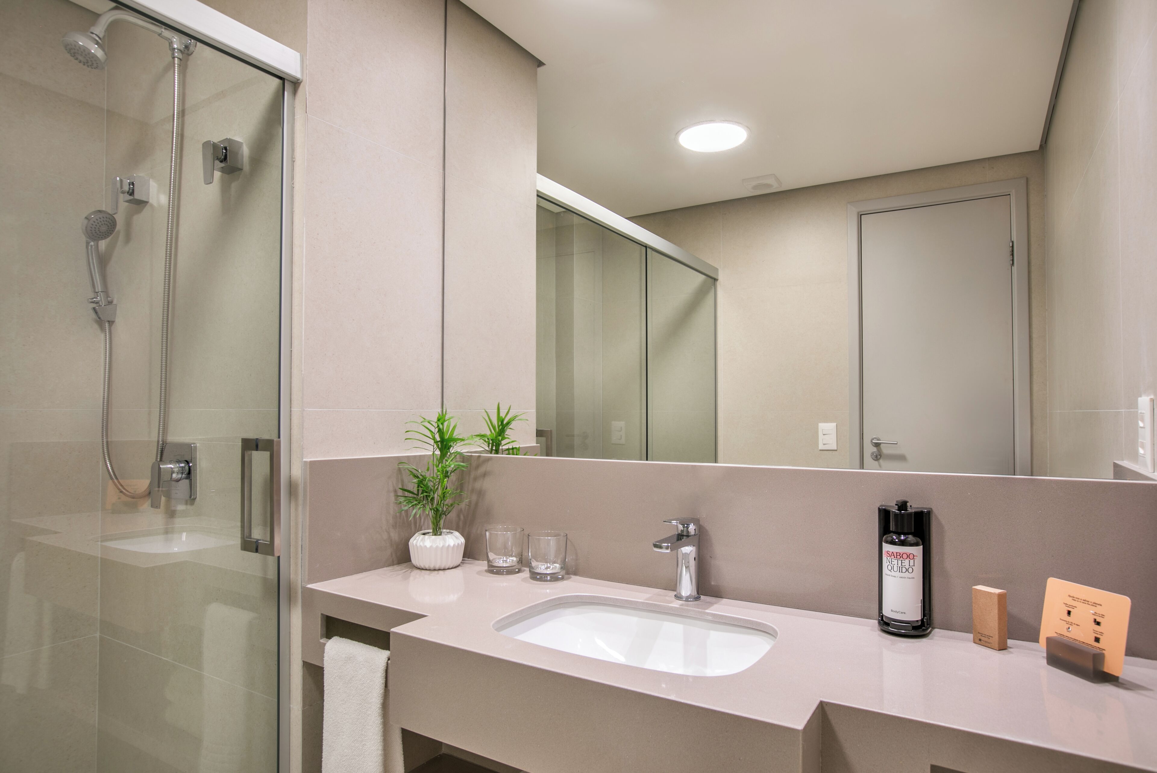 Un baño moderno con cabina de ducha de vidrio, lavamanos, espejo y planta en maceta.