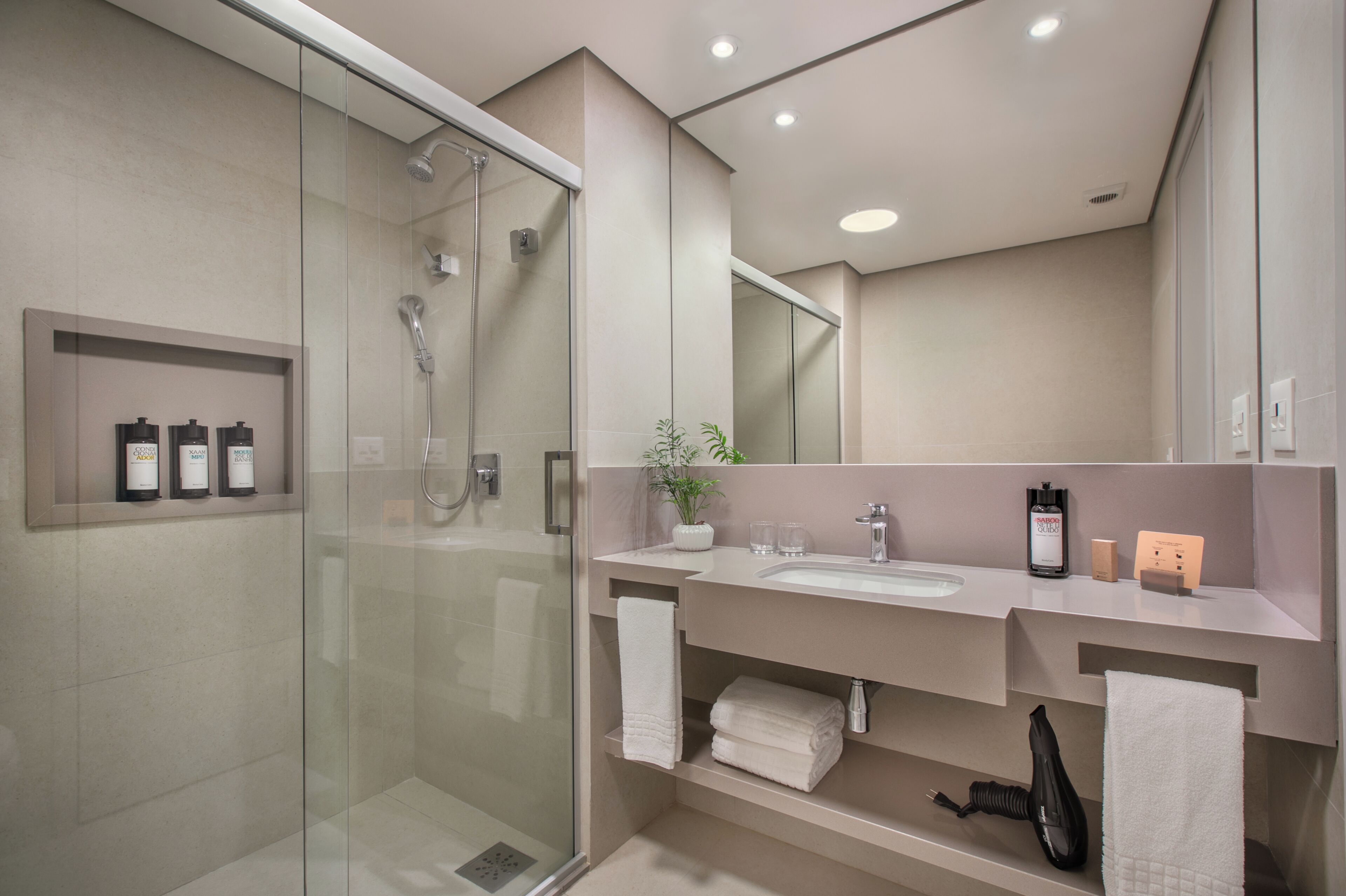 A modern bathroom with a glass-enclosed shower, a vanity with a sink, and a mirror.