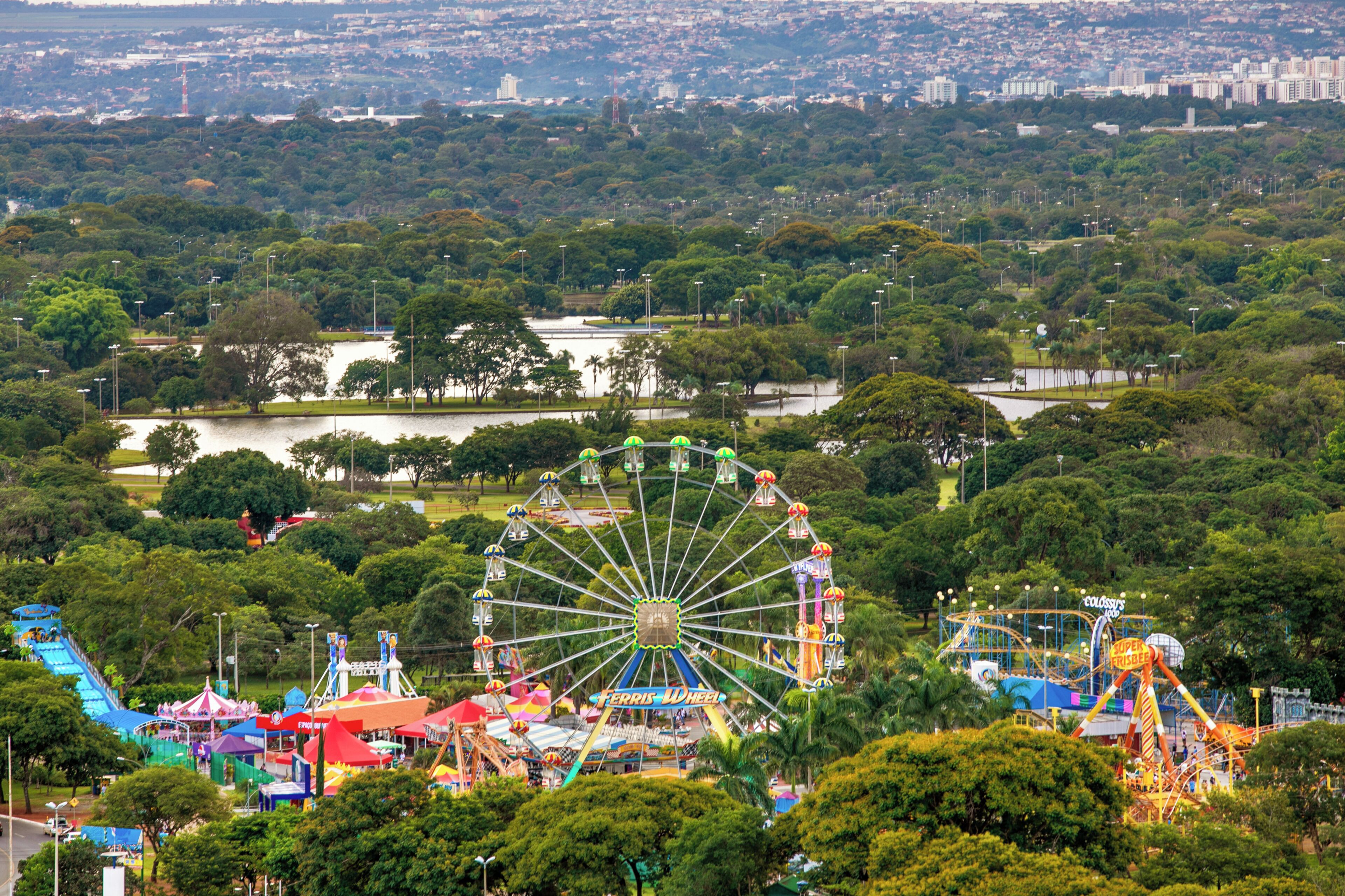 A Ferris wheel and various amusement rides in a park with a lake and dense trees in the background.