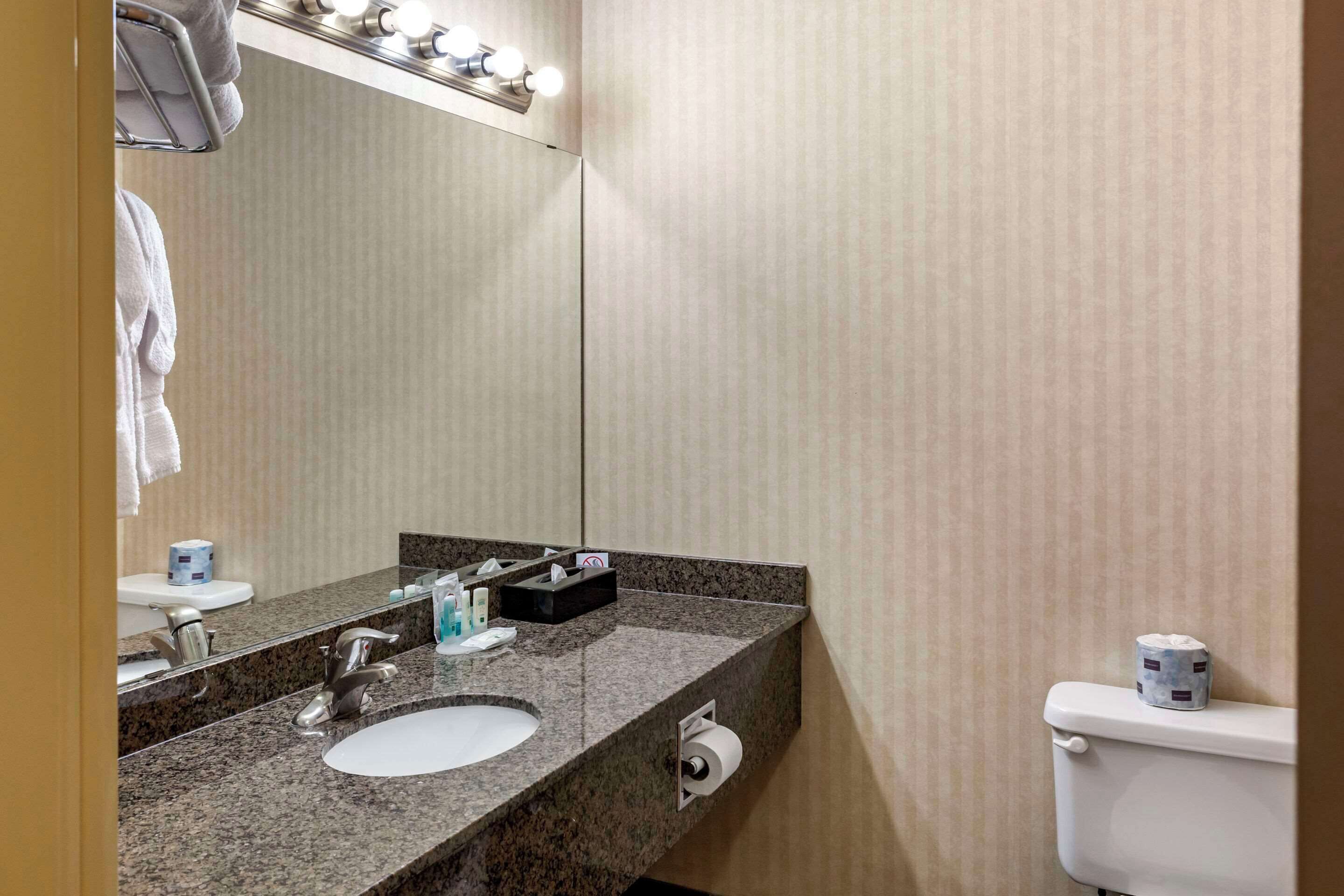 A bathroom with a granite countertop sink, a mirror, a toilet, and a towel rack.