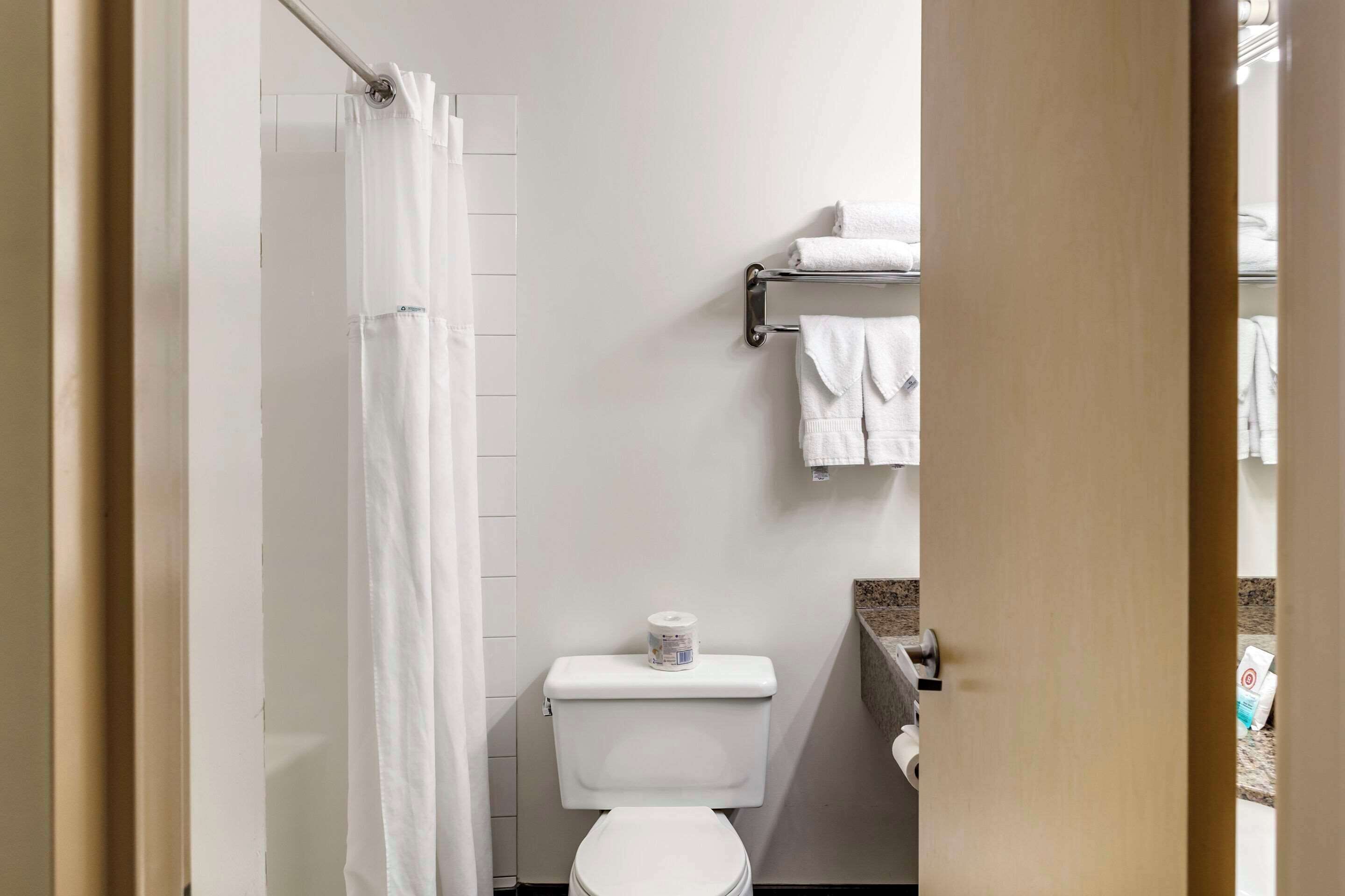 Un baño pequeño con inodoro, toallero y cortina de ducha.