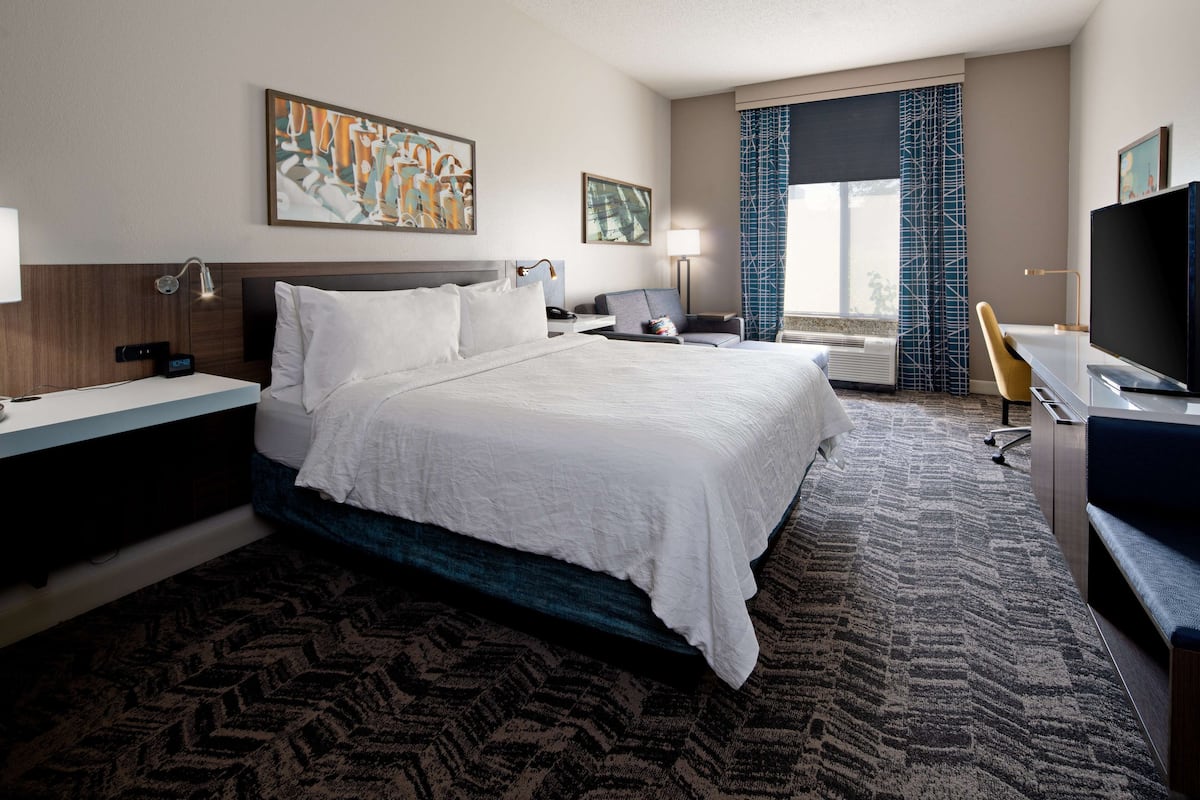 A hotel room with a large bed, a desk, a television, and artwork on the walls.