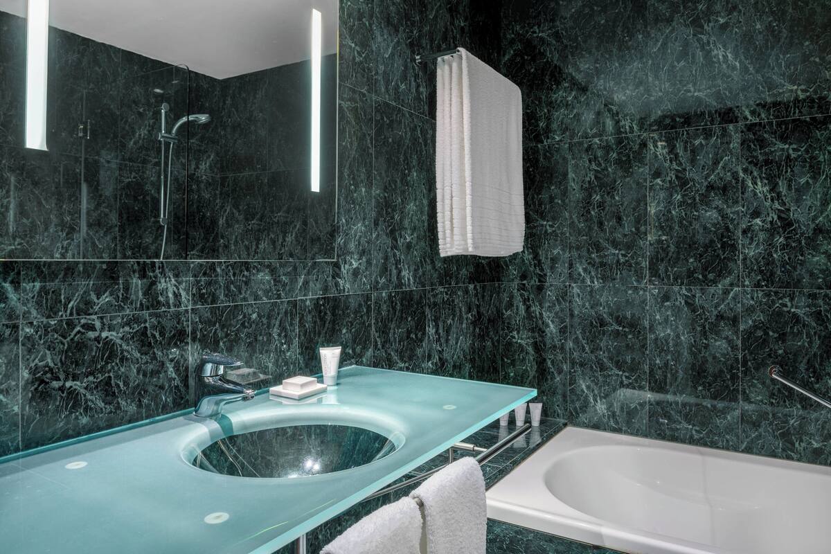 combined shower/bathtub, free toiletries, hair dryer, bidet