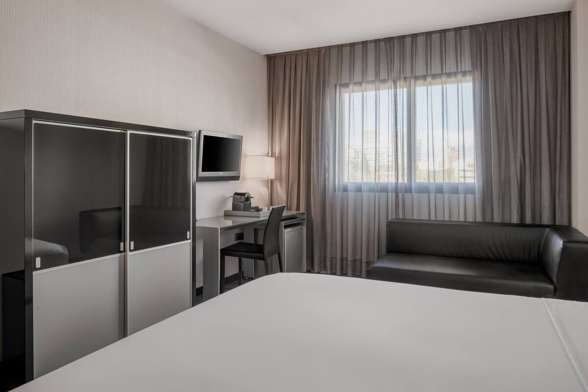 A hotel room with a bed, a desk with a chair, a TV, and a sofa.