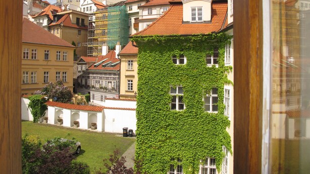 Blick auf einen Innenhof mit Gebäuden, darunter eines mit efeuüberwachter Mauer und ein weiteres mit Ziegeldach.