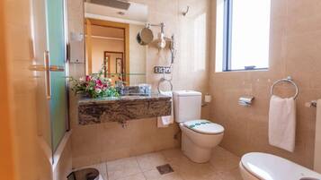 Un baño con encimera de mármol, inodoro, bidé y ventana con vistas.