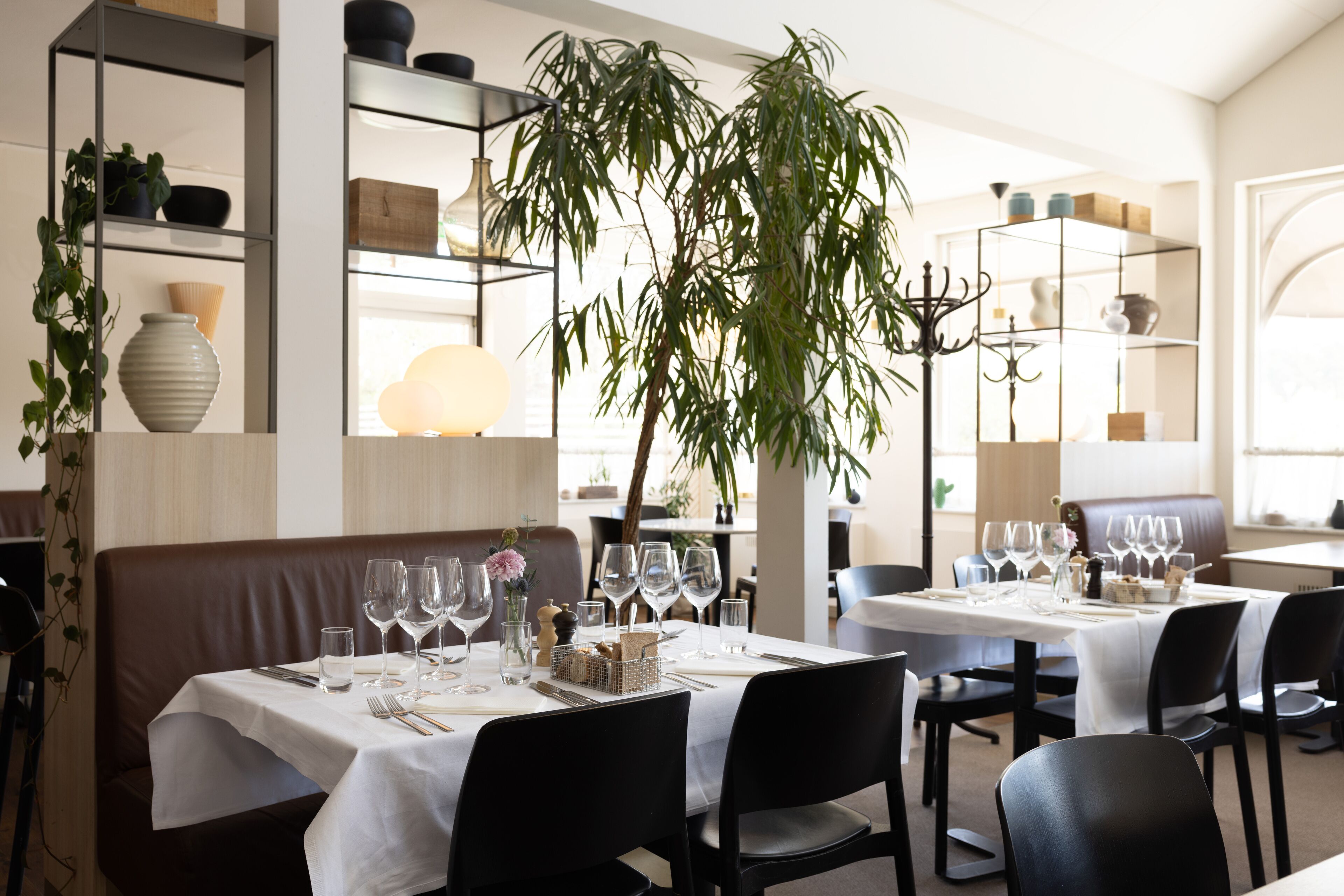 A dining area with tables set for a meal, surrounded by shelves with decorative items and plants.