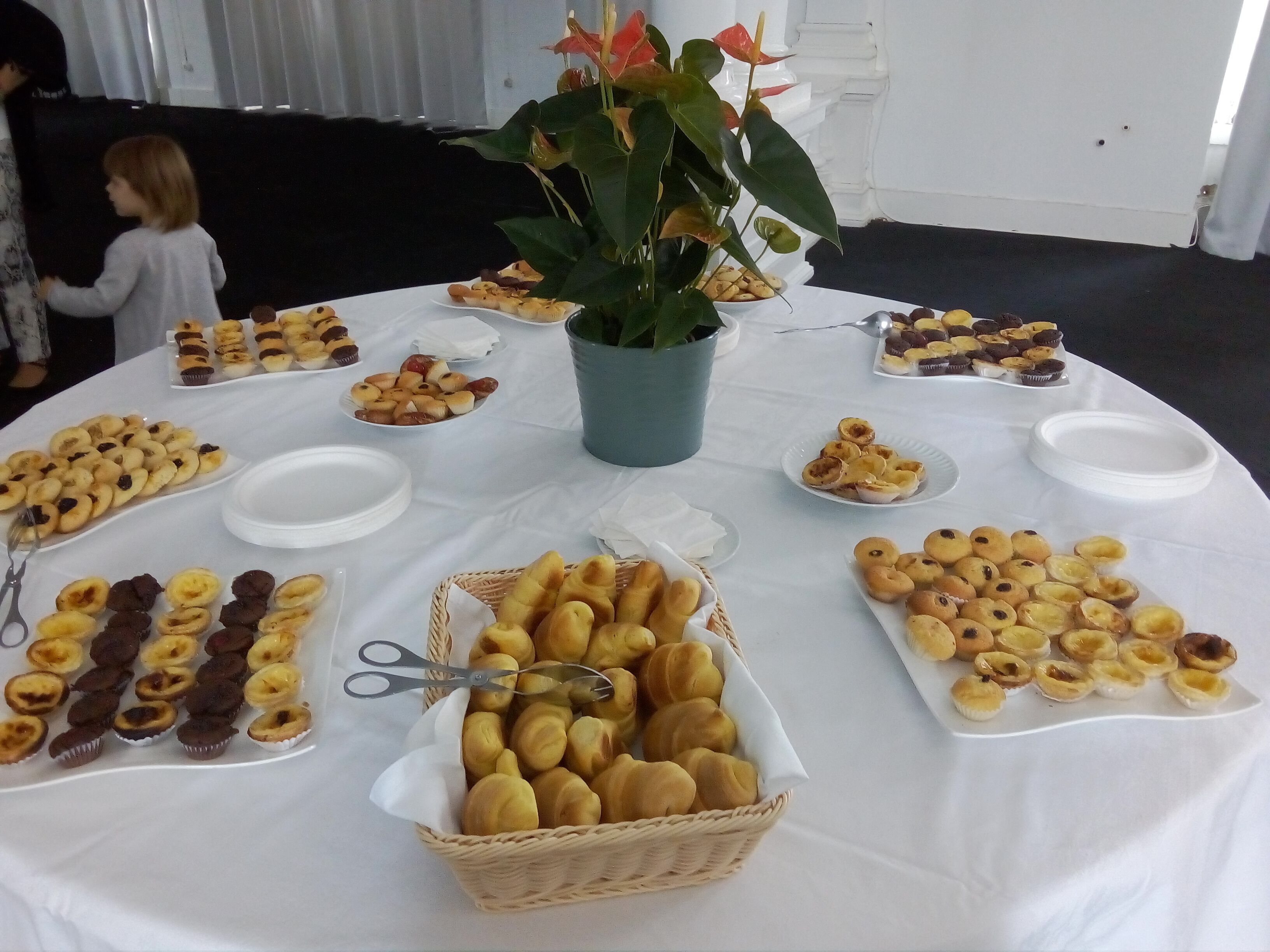 Une table avec divers pâtisseries et une plante en pot.