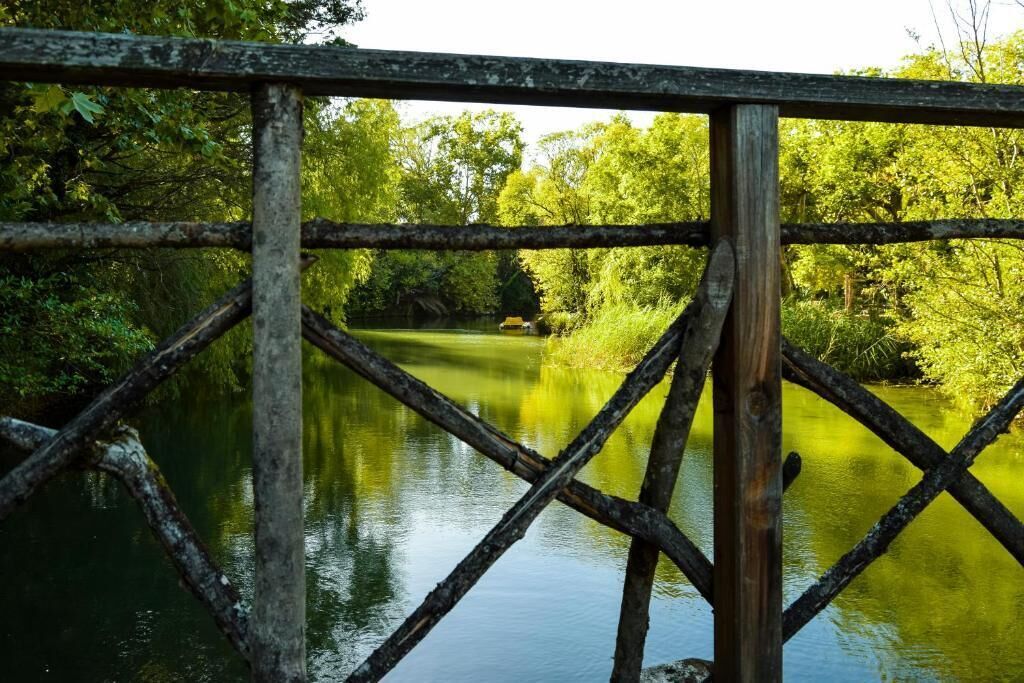 A wooden bridge over a calm river surrounded by lush greenery.