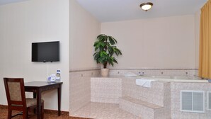 Un bagno d'hotel con una TV a schermo piatto, una sedia di legno, una pianta in vaso, una vasca da bagno e uno spazio doccia.