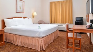 Una camera d'albergo con un letto, una scrivania, una sedia, una televisione e un forno a microonde.