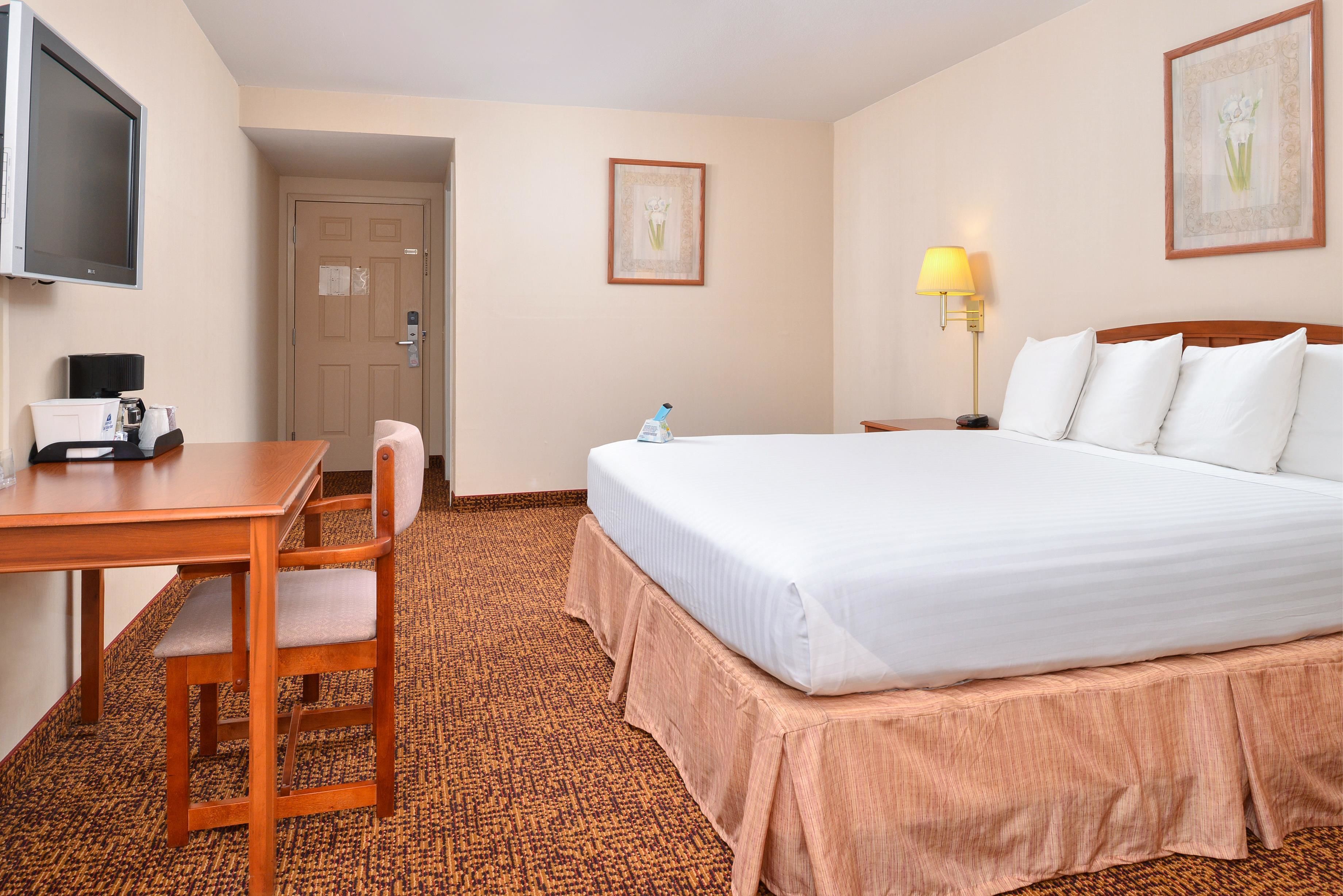 A hotel room with a bed, a desk with a chair, a television, a door, and a wall-mounted lamp.