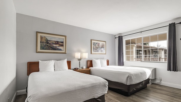 Une chambre d’hôtel avec deux lits, une fenêtre avec des rideaux et deux tableaux encadrés accrochés au mur.