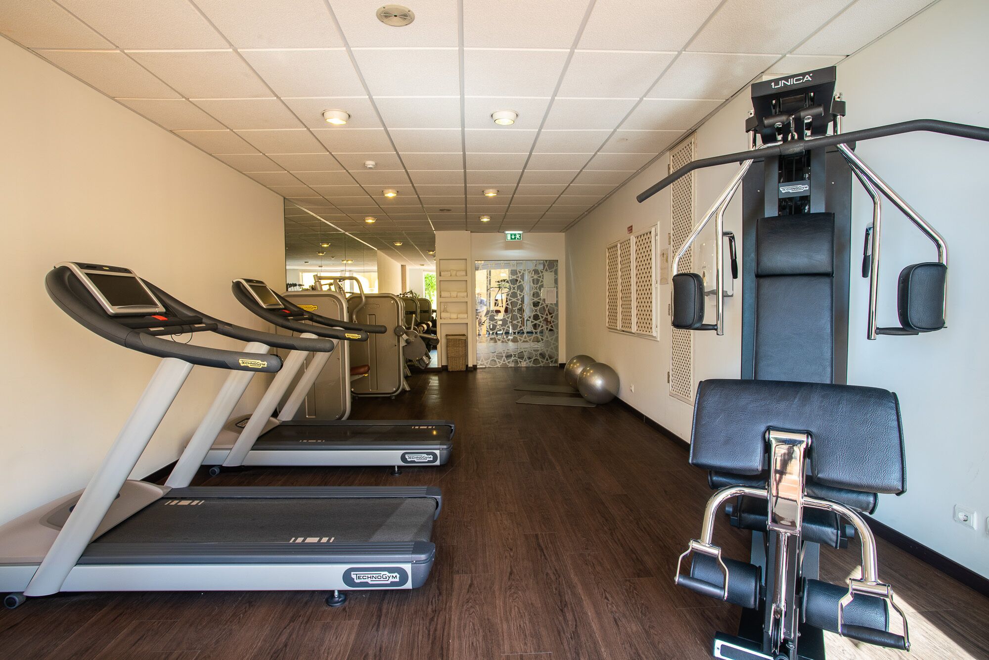 Een sportschool met loopbanden, trainingsballen en een roeimachine.