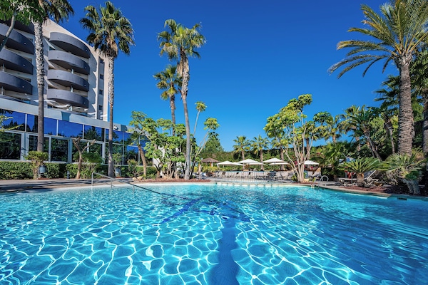 Outdoor pool, pool umbrellas, sun loungers