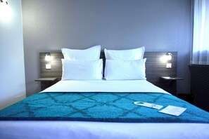 Premium bedding, desk, blackout curtains, soundproofing