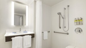 Rom – standard, 1 kingsize-seng, tilgjengelighetstilpasset (Communication, Roll-In Shower) | Bad | Kombinert dusj/badekar, toalettartikler (inkludert) og hårføner