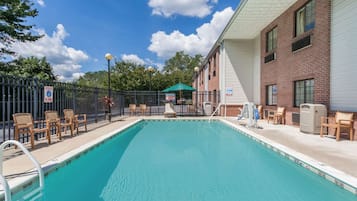 Seasonal outdoor pool, pool loungers