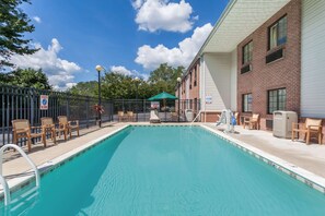 Seasonal outdoor pool, pool loungers