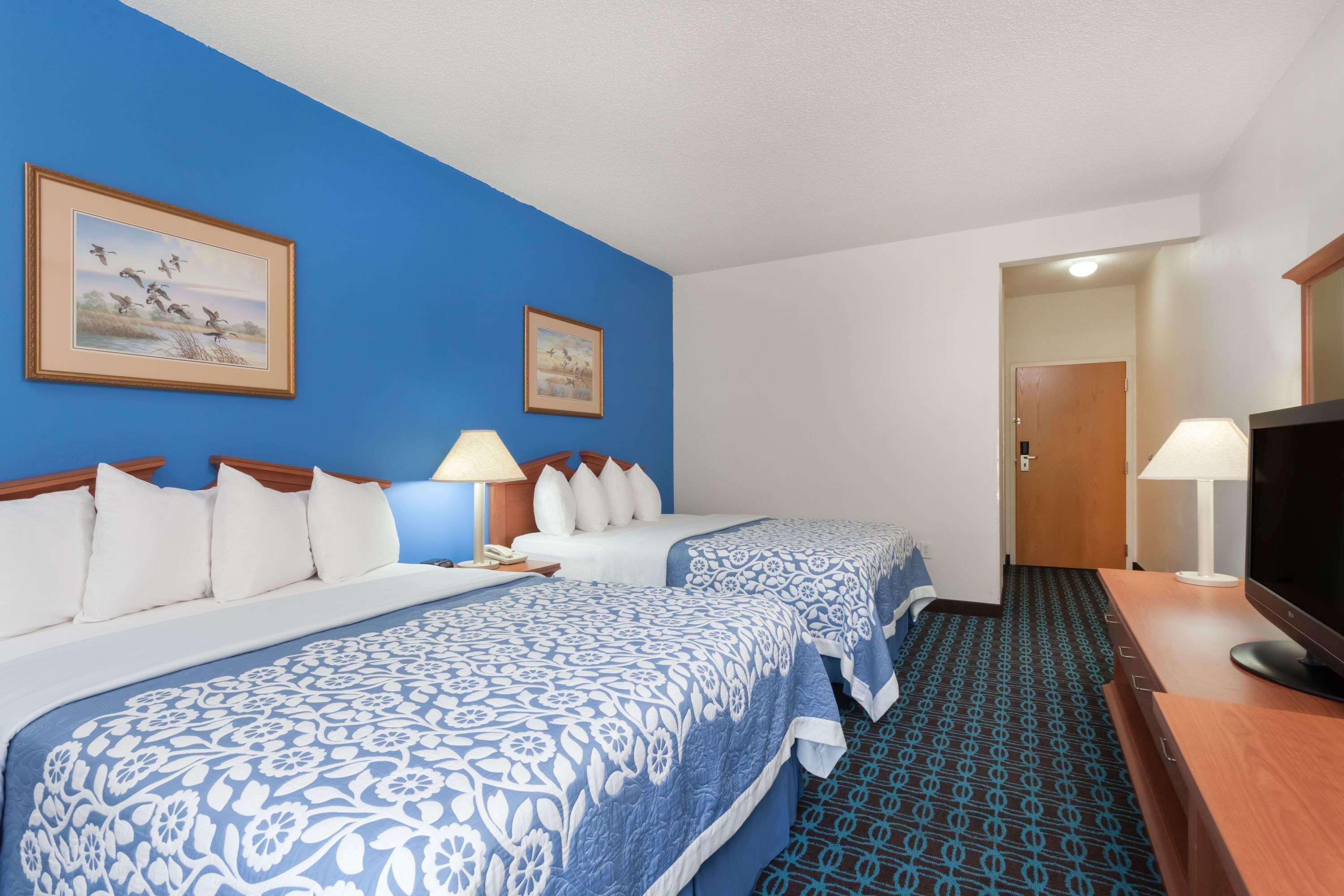 Habitación de hotel con dos camas, televisión, escritorio y alfombra estampada.