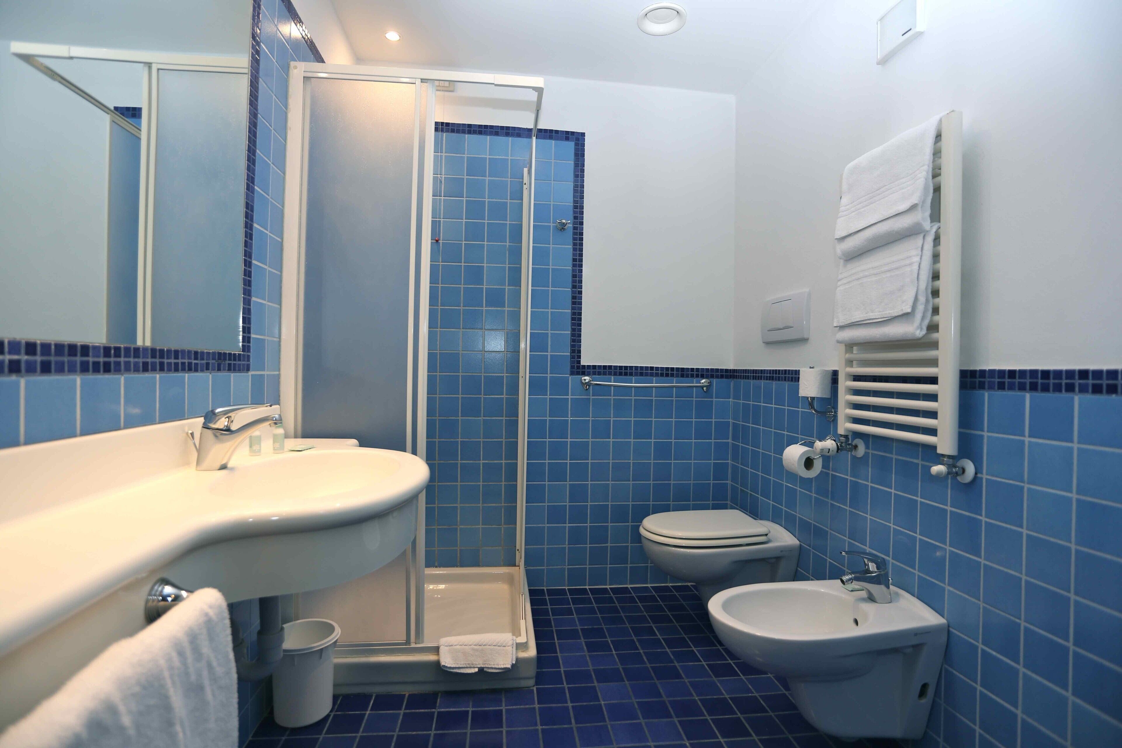 Un baño con ducha, lavabo, inodoro y bidé.