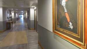 Un pasillo con un retrato enmarcado en la pared, puertas a la derecha y suelo cubierto de alfombra.