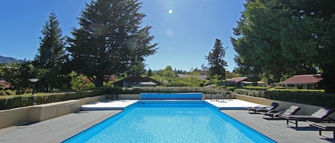 A rectangular swimming pool with a wooden deck in the foreground, surrounded by lounge chairs and a landscaped area with trees and shrubs.