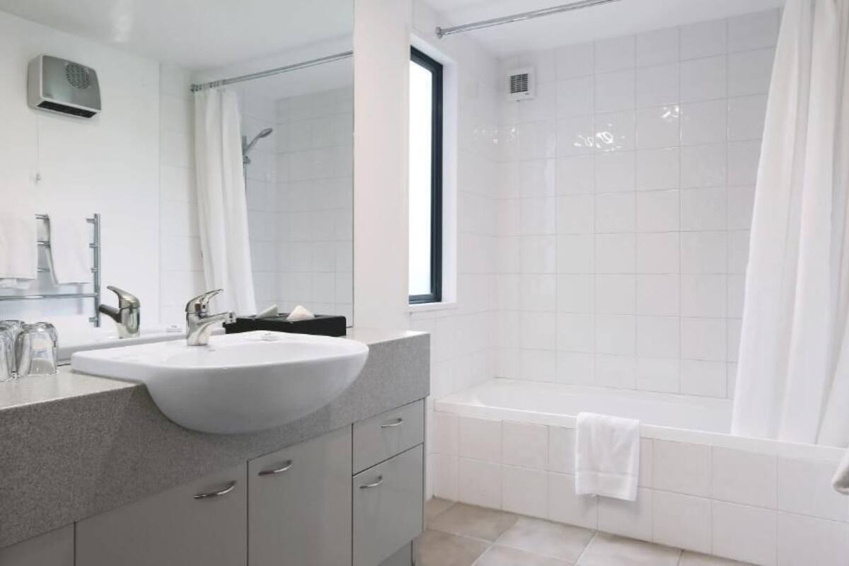 combined shower/bathtub, free toiletries, hair dryer, towels
