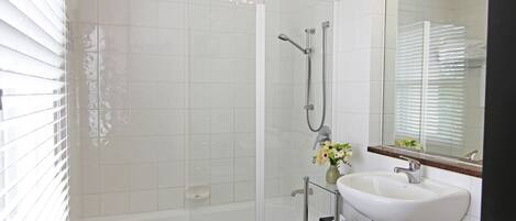 A modern bathroom with a glass-enclosed shower, a white sink, and a mirror above it.