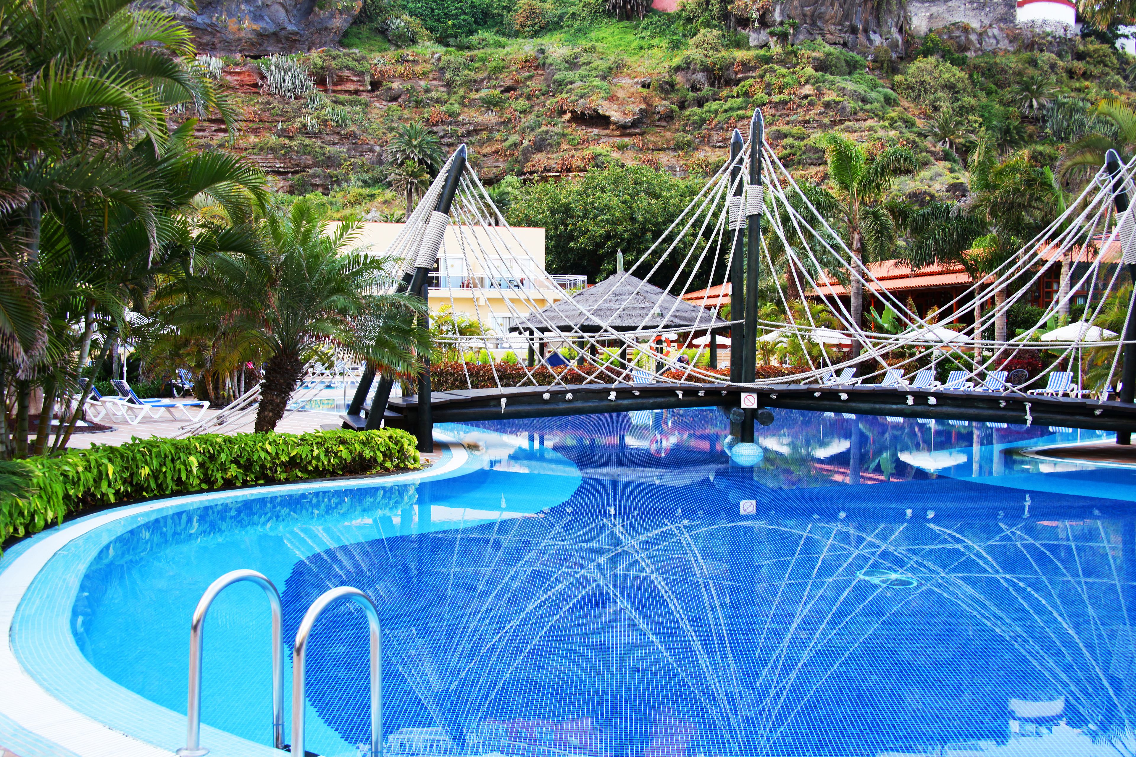 A swimming pool with a rope bridge, palm trees, and a mountainous backdrop.