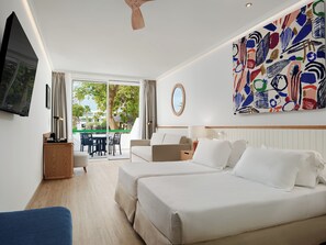 A hotel room with two beds, a TV, a desk, and a painting. - H10 Lanzarote Princess (Yaiza)