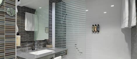 A modern bathroom with a glass shower enclosure, a large mirror, and a bathtub.