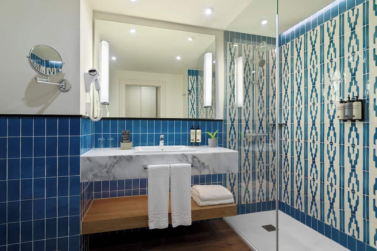 free toiletries, hair dryer, towels, soap