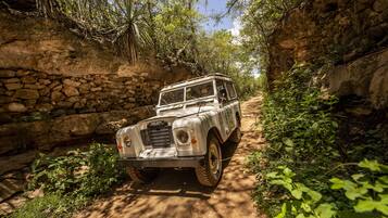 A vintage Land Rover navigating a narrow, rocky path surrounded by lush greenery.