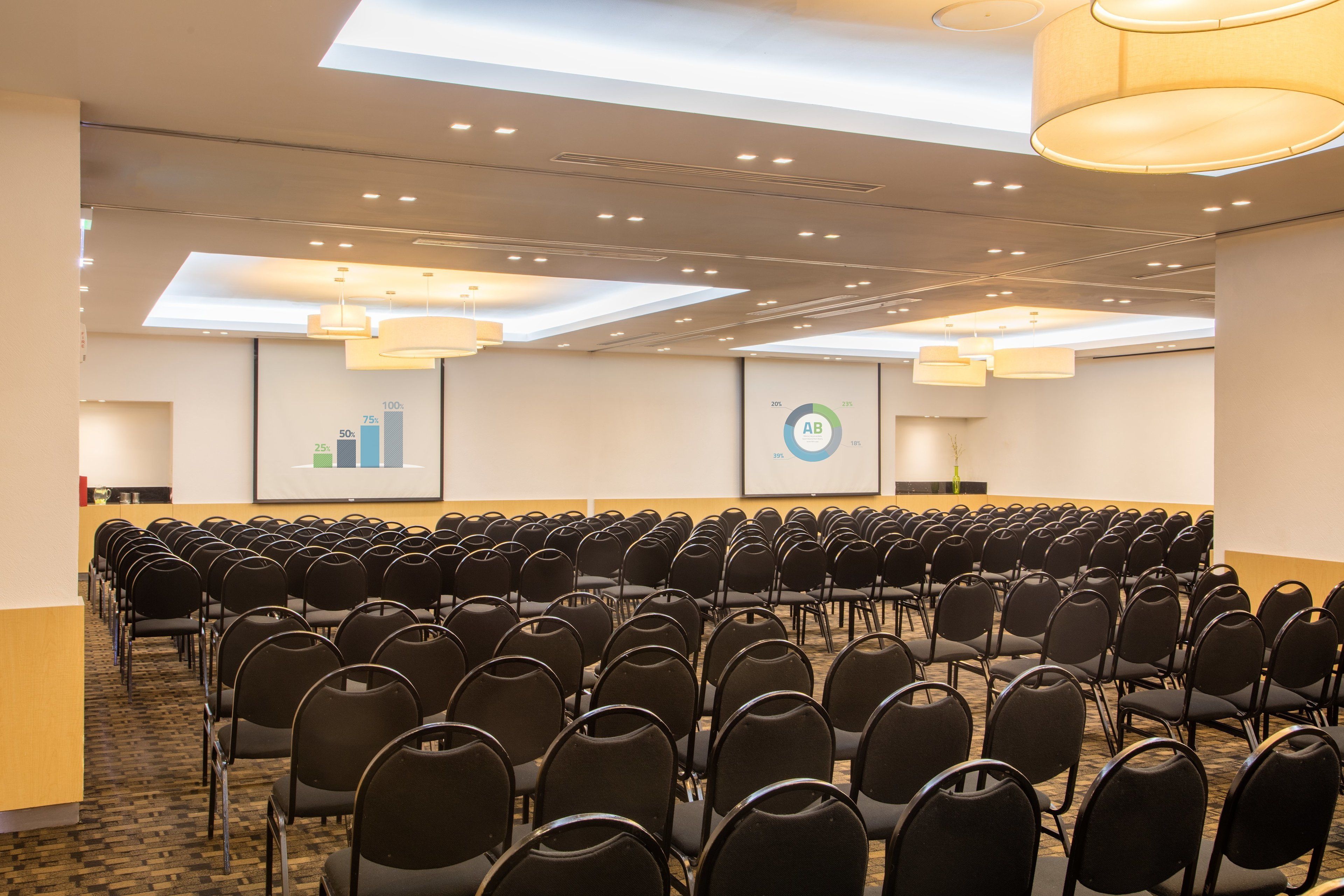 Un salón de conferencias con filas de sillas, una pantalla de proyecciones e iluminación empotrada en el techo.