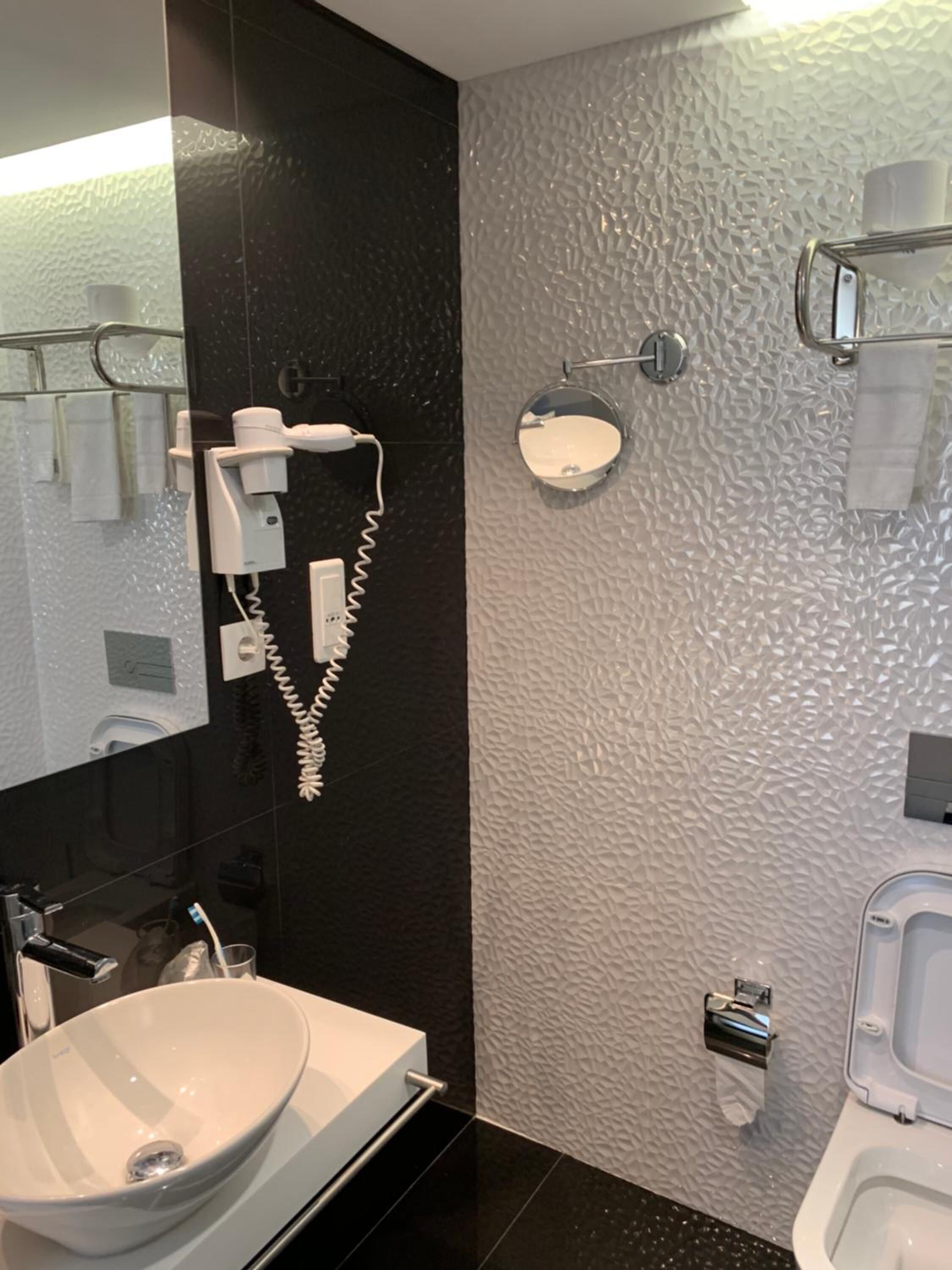combined shower/bathtub, free toiletries, hair dryer, bidet
