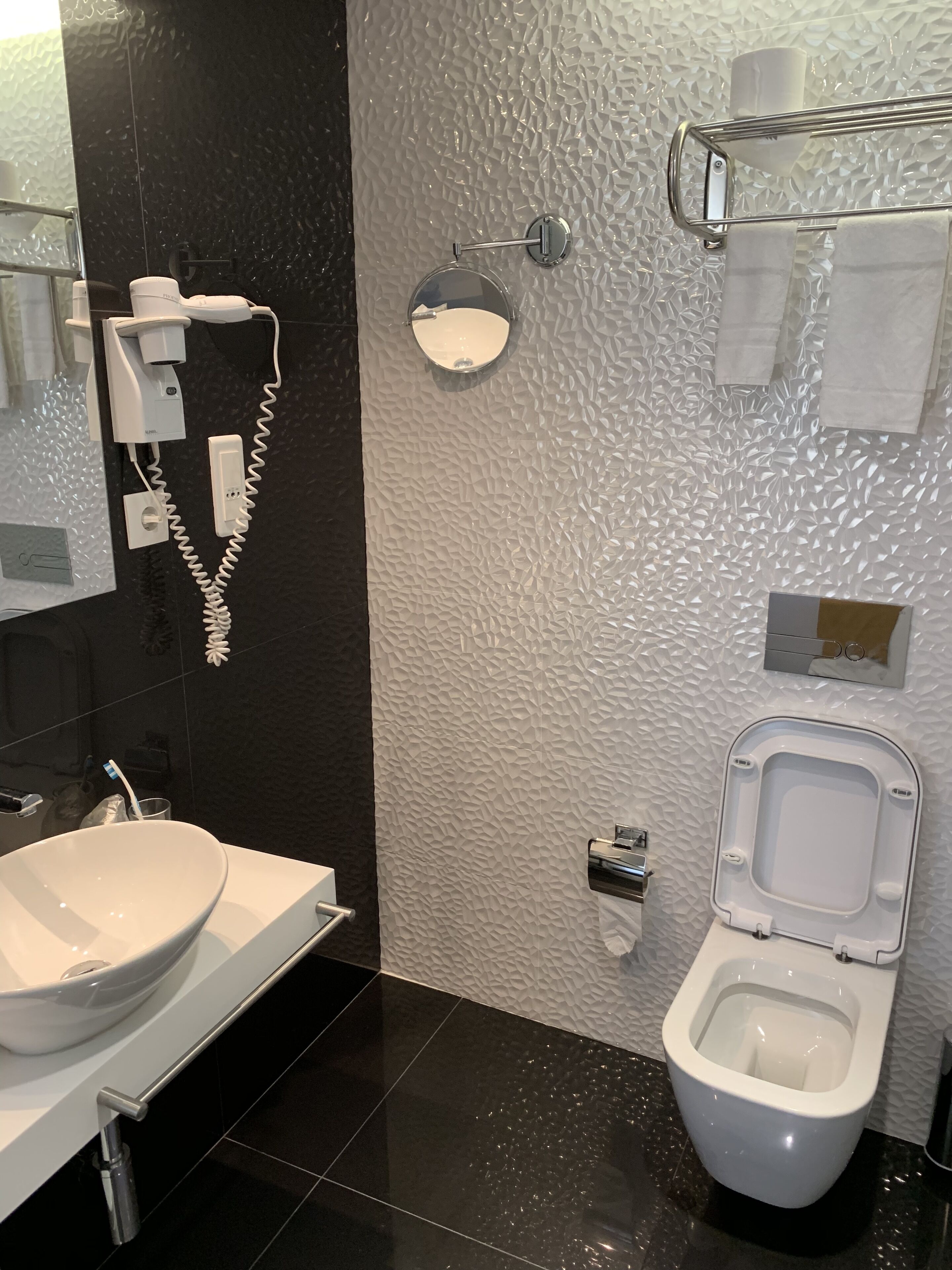 combined shower/bathtub, free toiletries, hair dryer, bidet