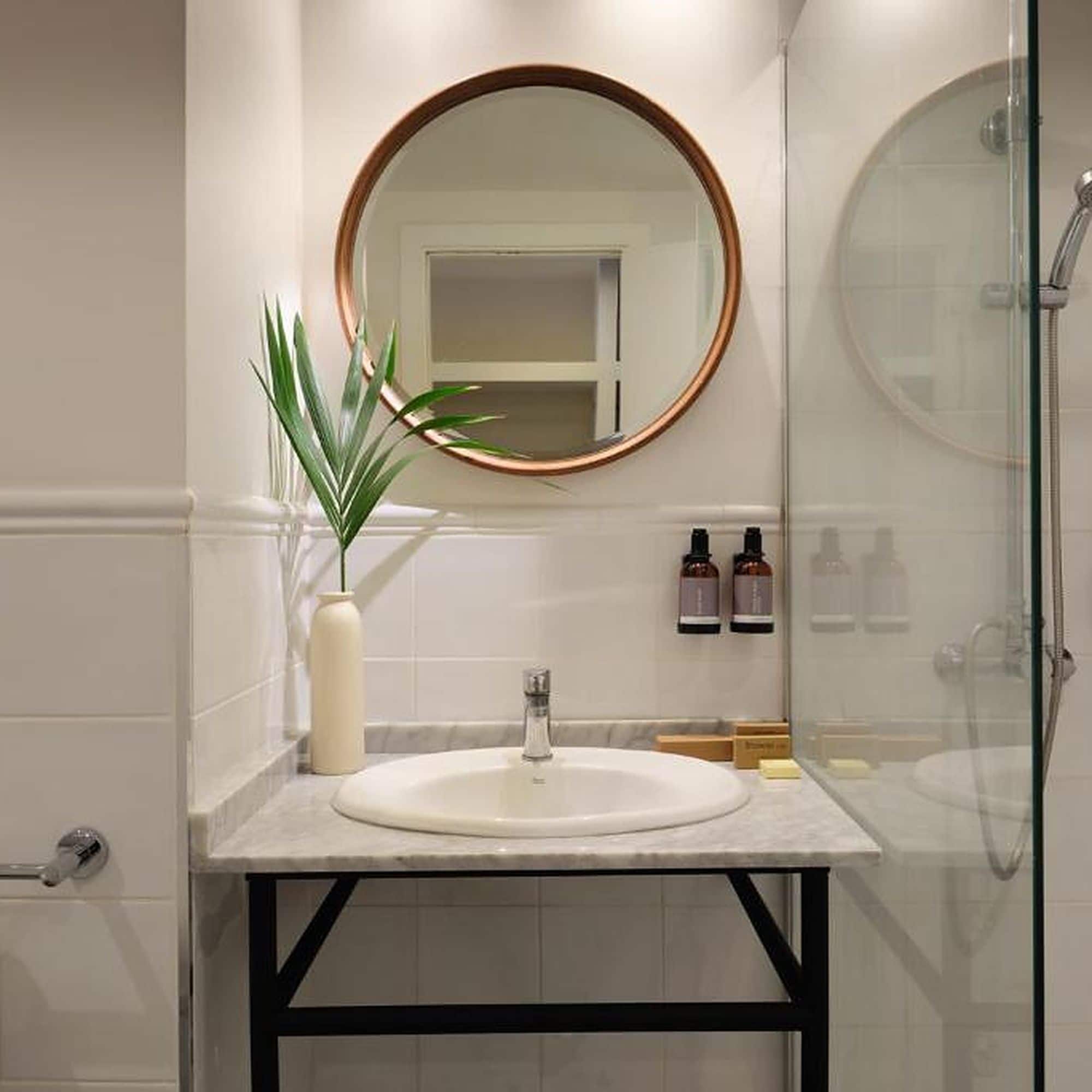 A bathroom with a round mirror, a sink, a potted plant, and a shower area.