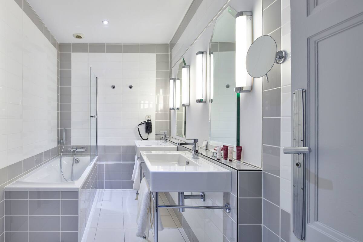 free toiletries, hair dryer, towels