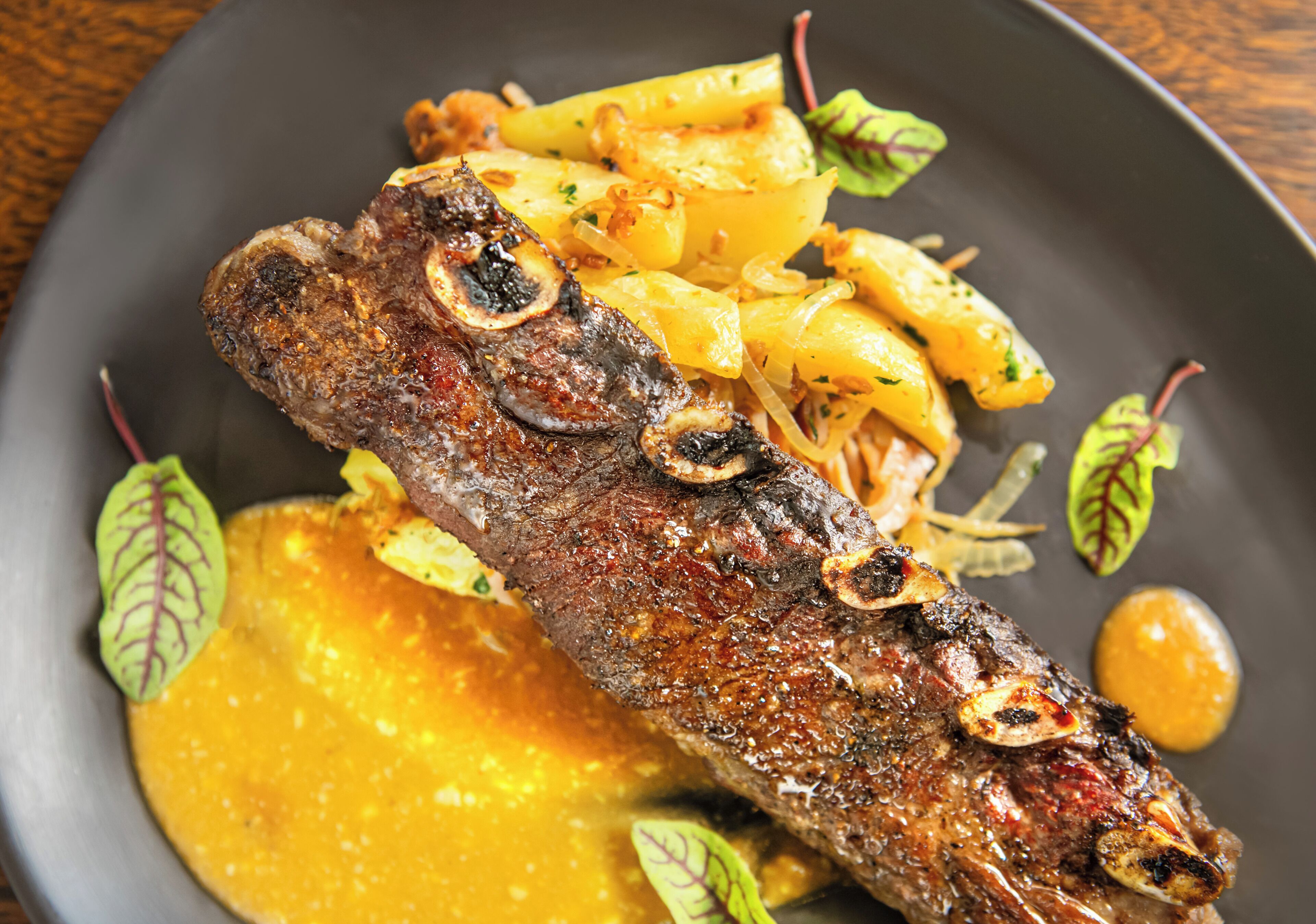 A plate with grilled fish, roasted potatoes, and a yellow sauce.