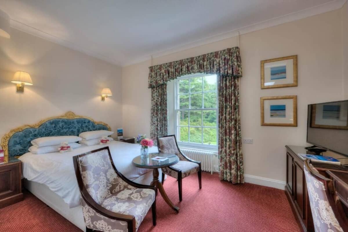 A bedroom with a bed, a desk, a chair, a TV, and a window with curtains.