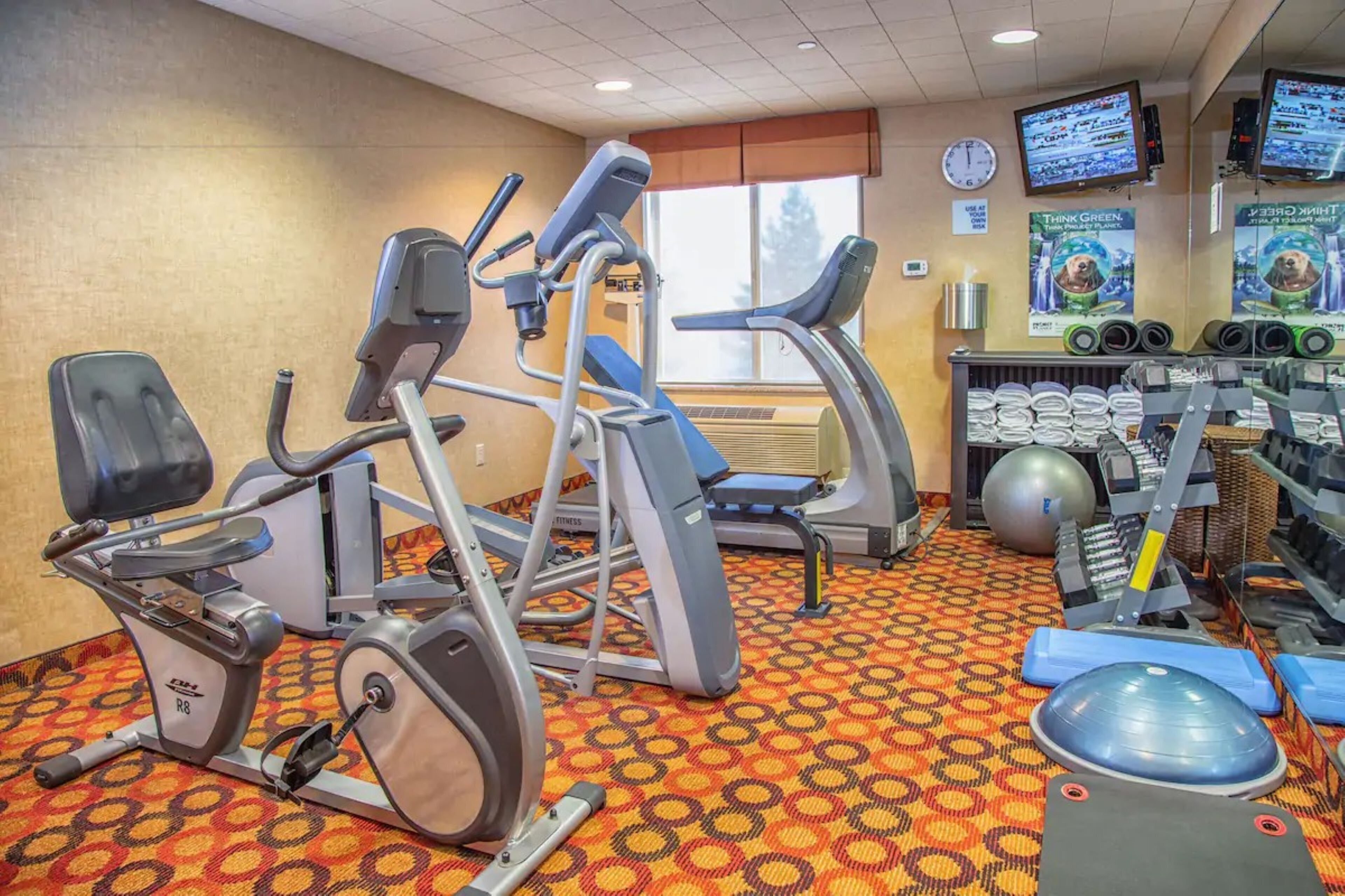 A fitness center with cardio machines, free weights, and exercise balls.