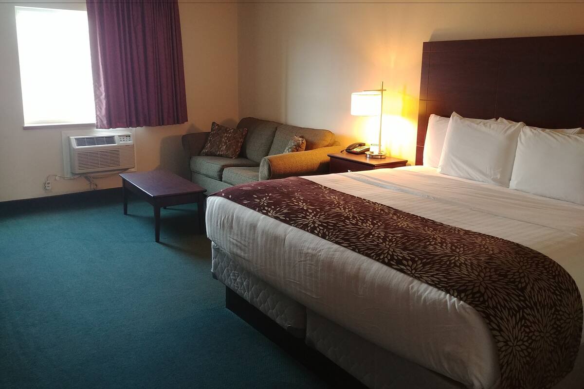 Une chambre d’hôtel avec un lit, un canapé, un bureau et une lampe.
