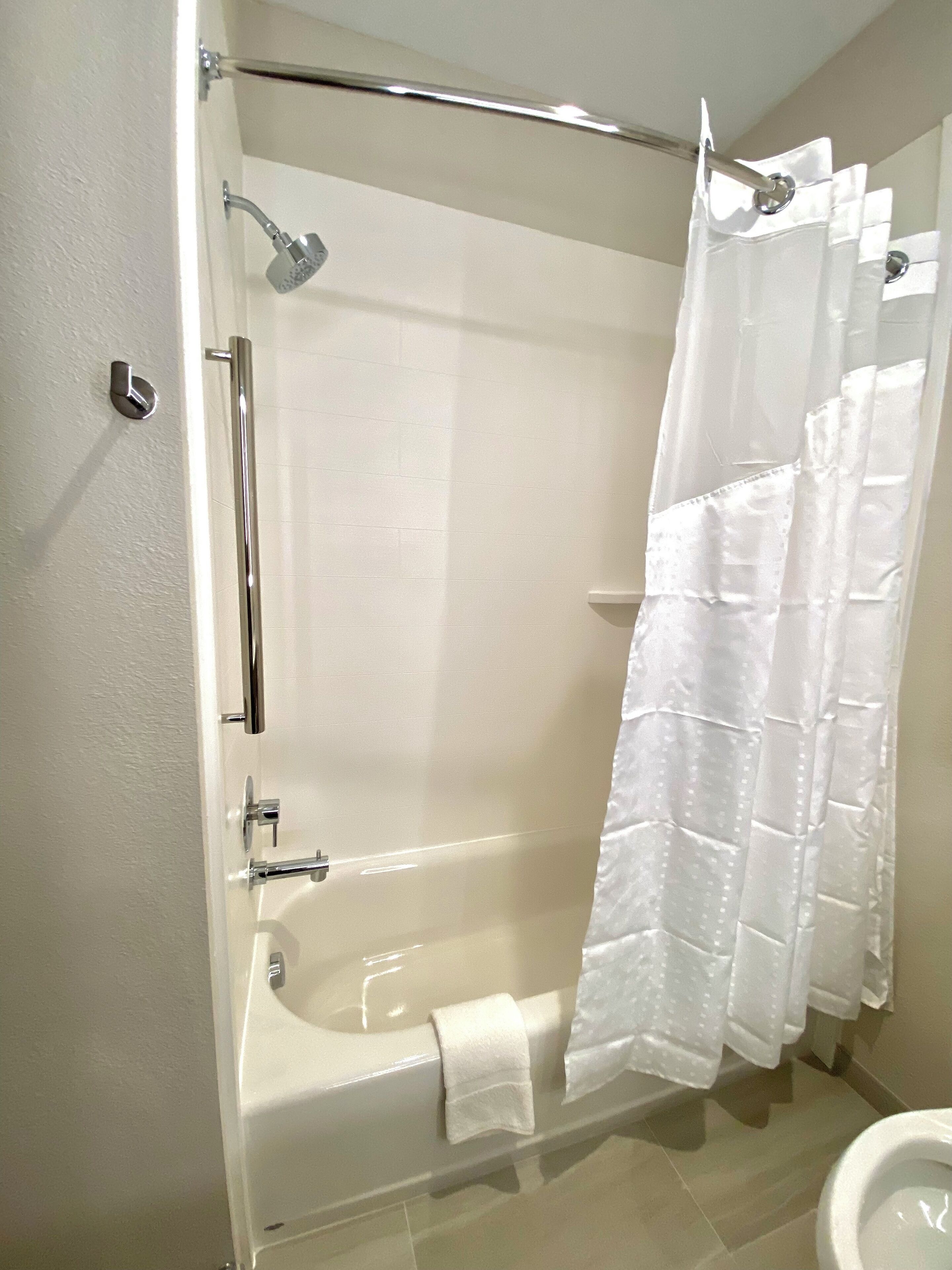 combined shower/bathtub, free toiletries, hair dryer, towels