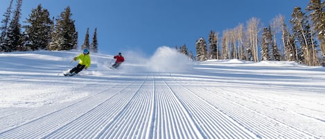 Pista de esquí nevada con dos esquiadores en movimiento, rodeada de altos pinos.